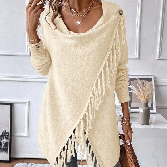 Apricot Casual Women's Fringe Trim Draped Collar Wrap Asymmetrical Sweater Dress - Picture 2 of 6